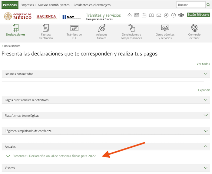 acceder a seccion declaracion anual Personas Fisicas SAT
