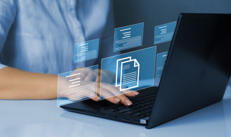 Online documentation database and document management system concept. Businesswoman working on laptop with virtual screen. Process automation to efficiently manage files.