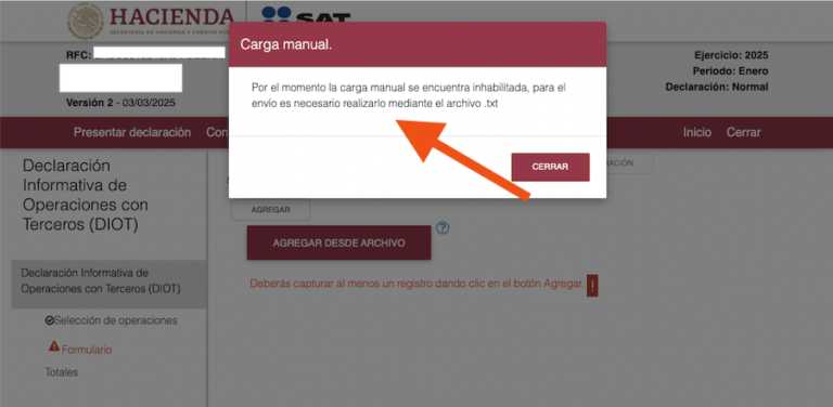 captura manual inhabilitada DIOT SAT 2025