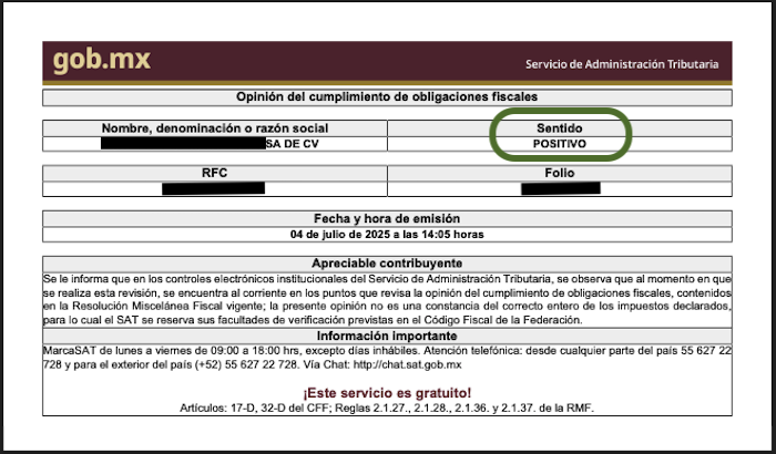 Nueva opinión de cumplimiento SAT 2025 en PDF