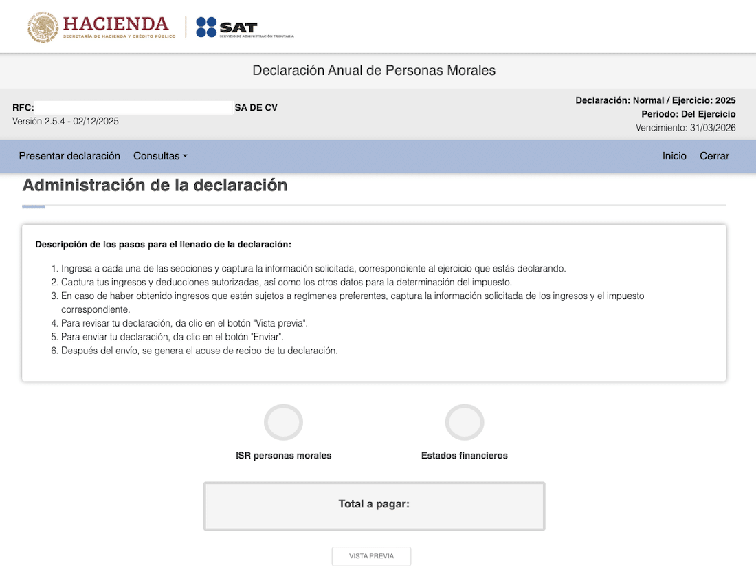 Declaración Anual Personas Morales 2025 del SAT (simulador)