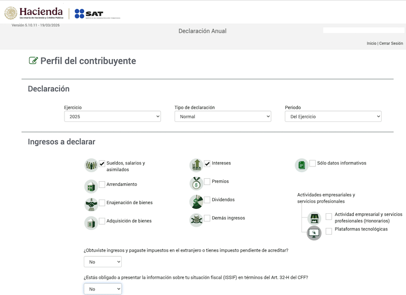 Declaración Anual 2025 de Personas Físicas sueldos y salarios (simulador del SAT)