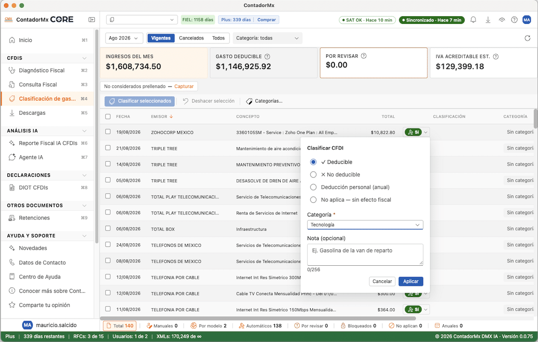 Clasificación de gastos en ContadorMx CORE