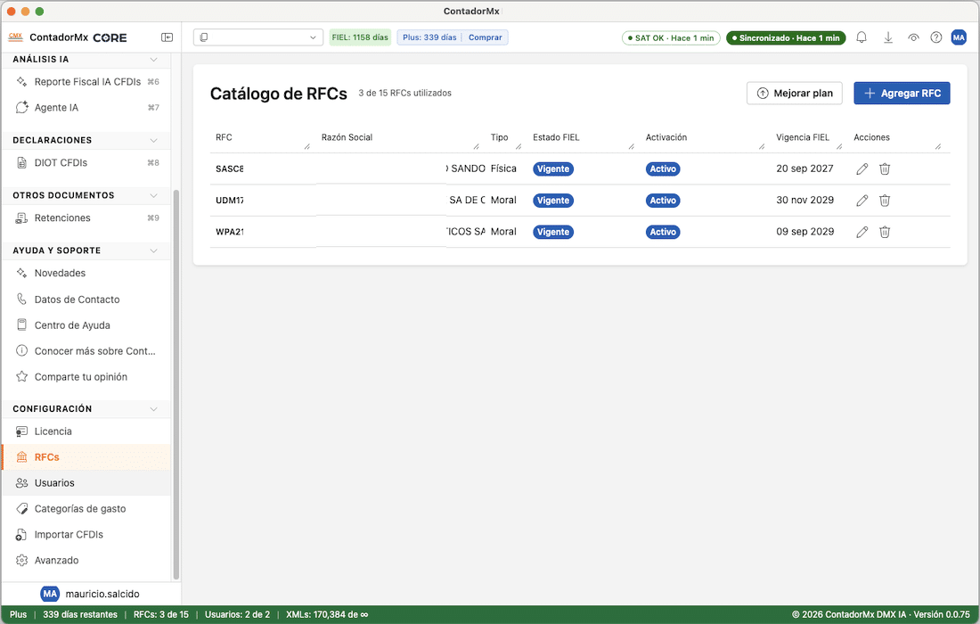 Administración de múltiples RFC en ContadorMx CORE