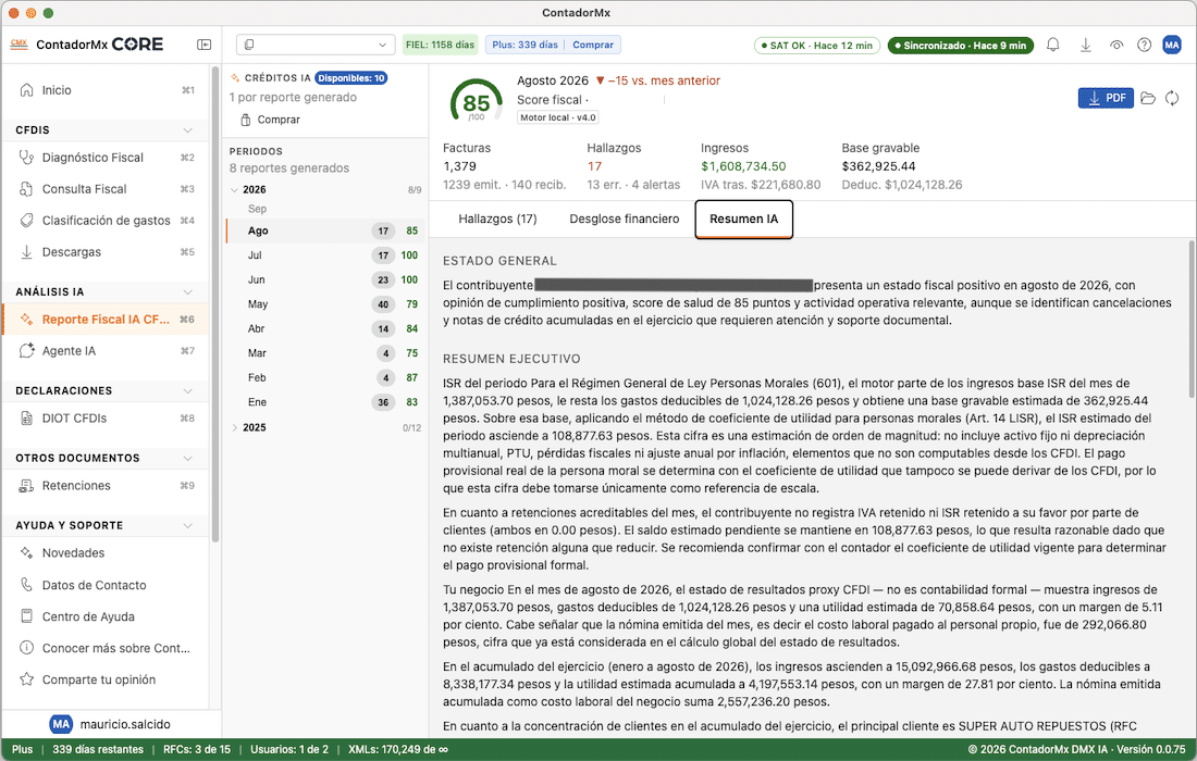 Reporte Fiscal IA de ContadorMx CORE
