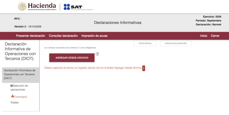 Agregar archivo TXT a DIOT SAT