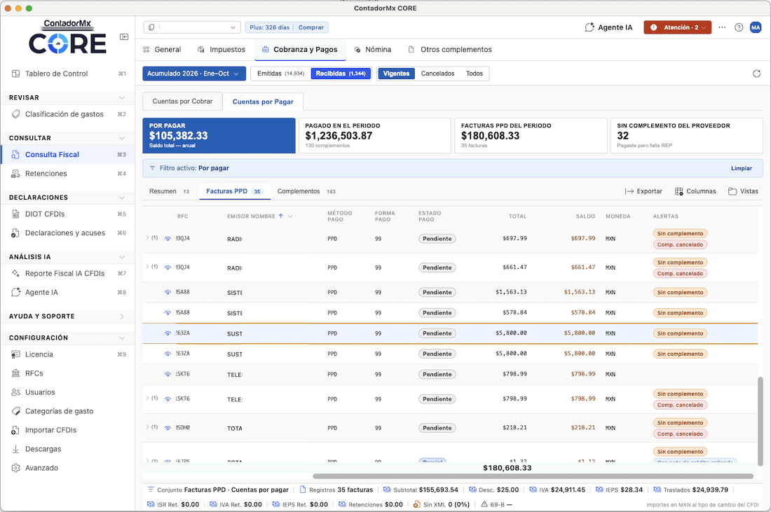 Conciliación de facturas PPD y complementos de pago en ContadorMx CORE