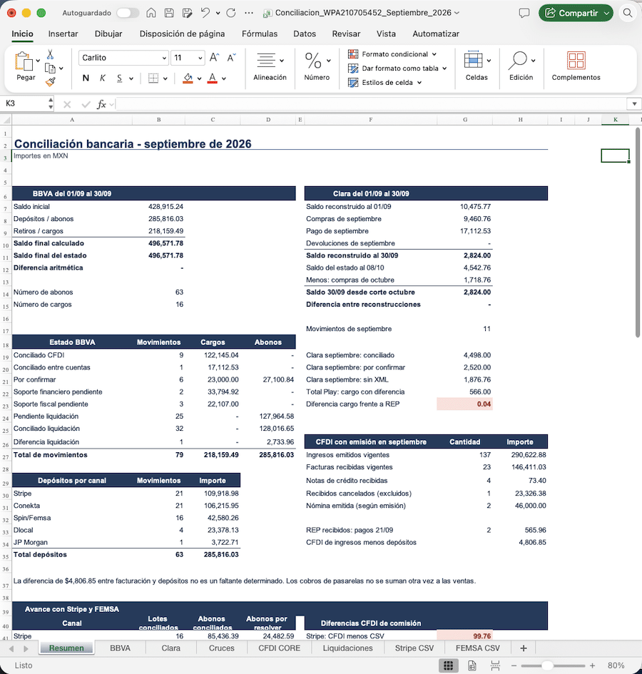 Conciliación bancaria en Excel con ChatGPT y MCP de ContadorMx CORE