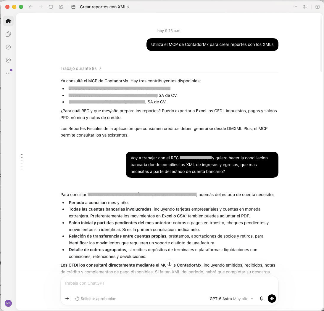 Preguntas a los XML y CFDI de ContadorMx CORE desde ChatGPT mediante MCP