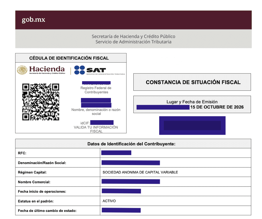 Ejemplo PDF de Constancia de Situación Fiscal SAT