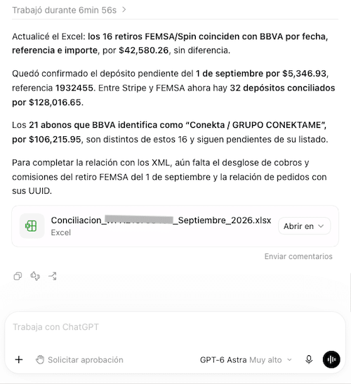 Respuesta de ChatGPT después de conciliar movimientos bancarios con XML de CORE