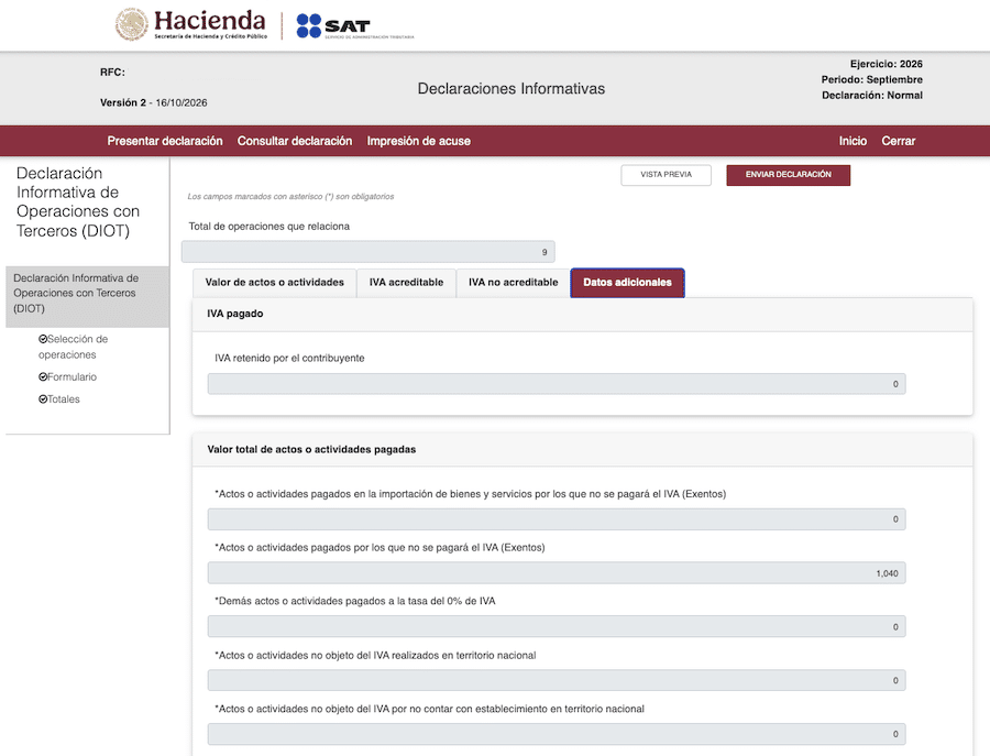 Datos adicionales DIOT SAT e IVA retenido