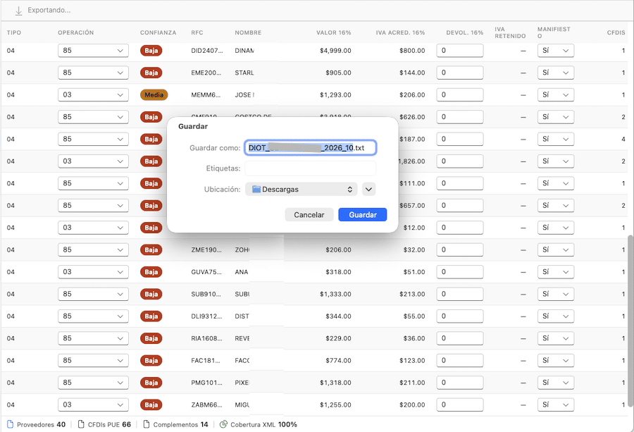Generar archivo TXT DIOT para carga masiva SAT