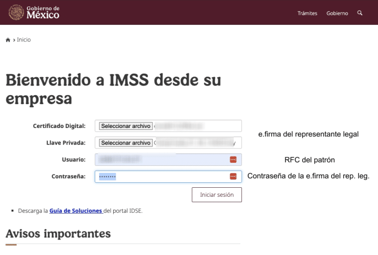 Acceso al IDSE con e.firma del representante legal y RFC del patrón