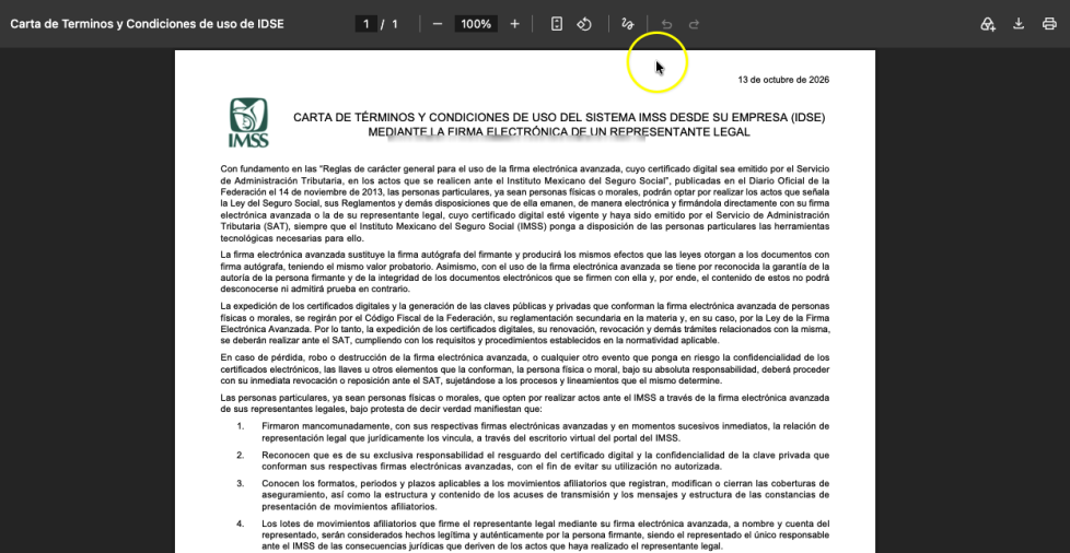 Carta de términos y condiciones de uso del IDSE en PDF