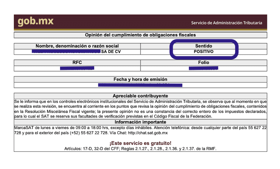 Ejemplo PDF de Opinión de Cumplimiento positiva del SAT