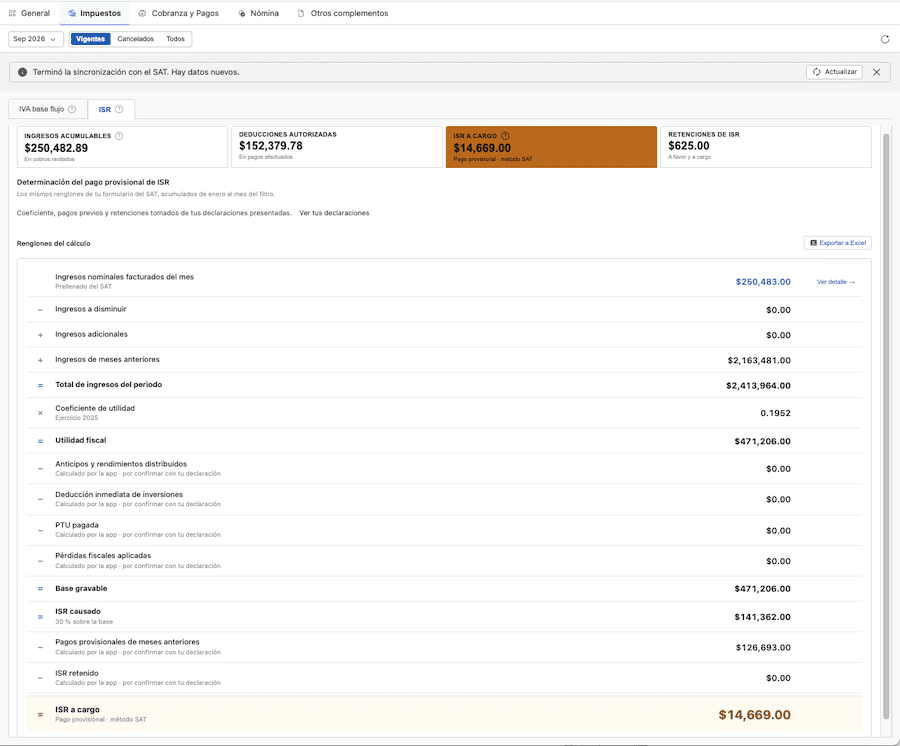 Papel de trabajo para cálculo mensual de ISR y pago provisional SAT en ContadorMx CORE