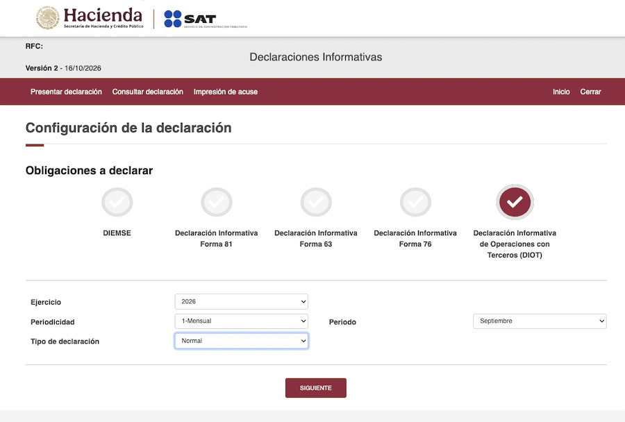 Seleccionar ejercicio periodo y tipo de declaración DIOT SAT